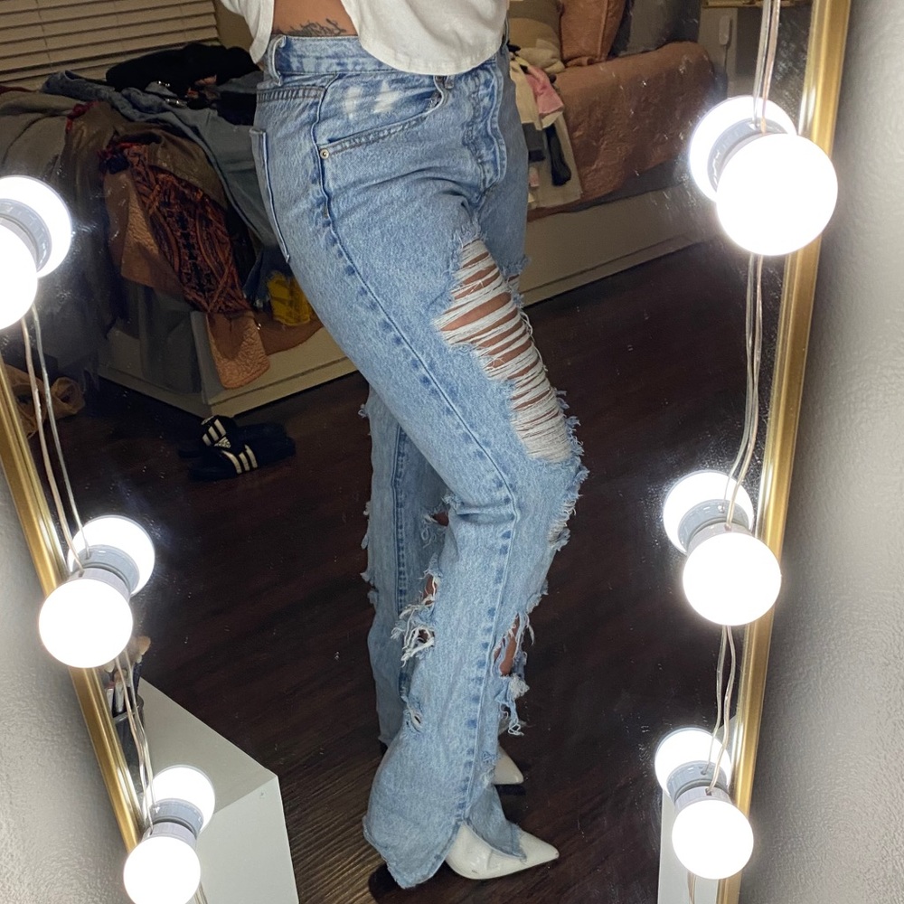 SOLD-Distressed High Rise Straight Leg Jeans